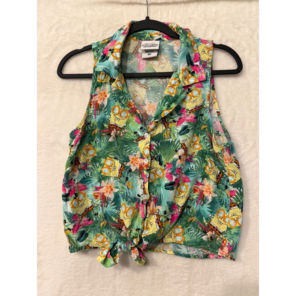 SpongeBob SquarePants Tropical Aloha Tie Front Sleeveless Shirt Medium Green